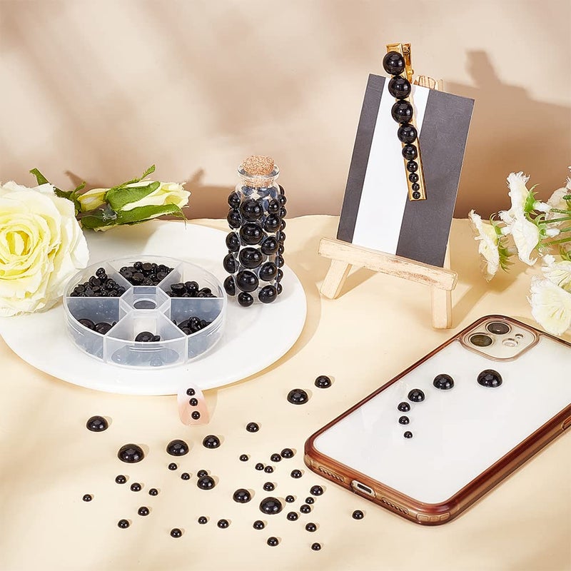 PH PandaHall Black Flat Backed Pearls, 690pcs Half Round Pearl Beads 6 Sizes Pearl Cabochon Faux Pearl Beads for DIY Scrapbook Phone Case Wedding Nail Art Doll Eye, 4/5/6/8/10/12mm - Image 2